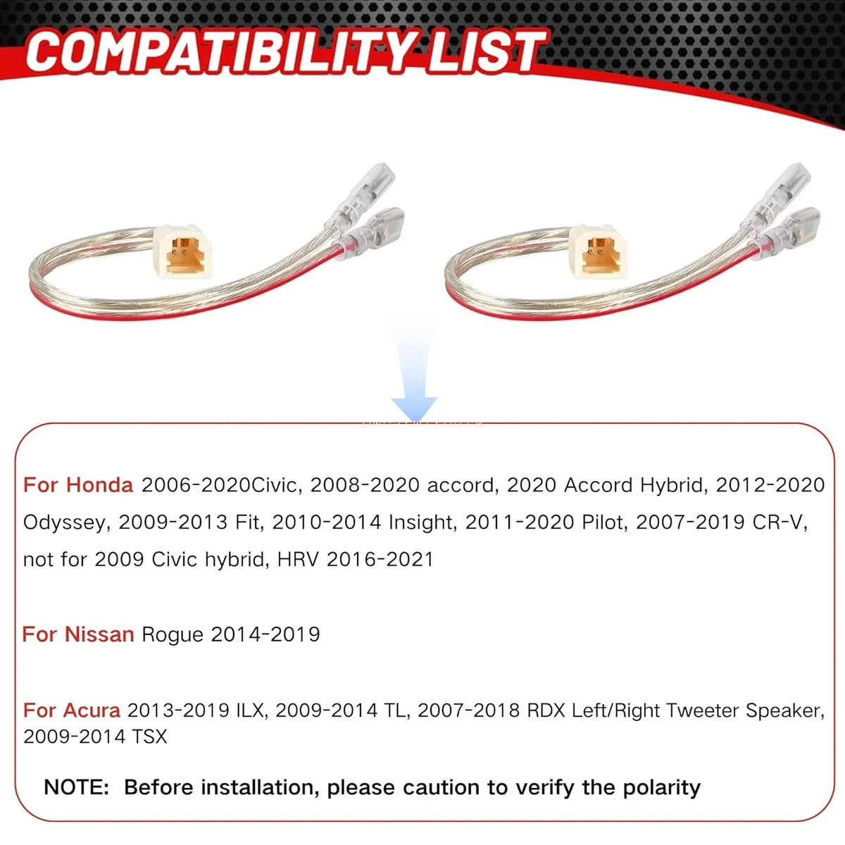 2X Wiring Harness Adapter for Front Dash Tweeter Speakers Honda Pilot 2011-2020