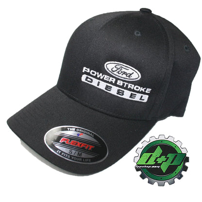 Black Fitted Flex Fit Hat for Ford Powerstroke, Size S/M