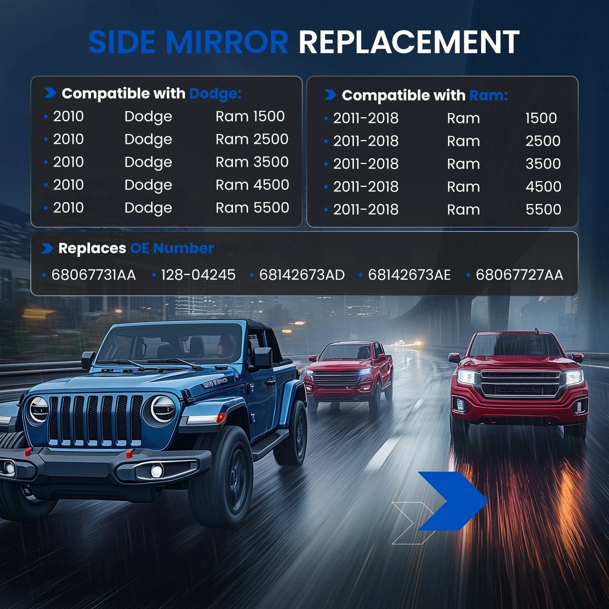 Tow Mirror Glass Outer Convex for Dodge Ram 1500 2500 3500 4500 5500 (2002–2023)