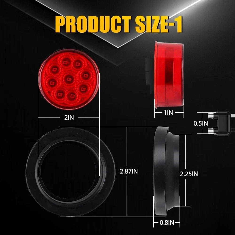 10pcs 2 Inch 9 LED Red Round Tail Light for Truck Trailer