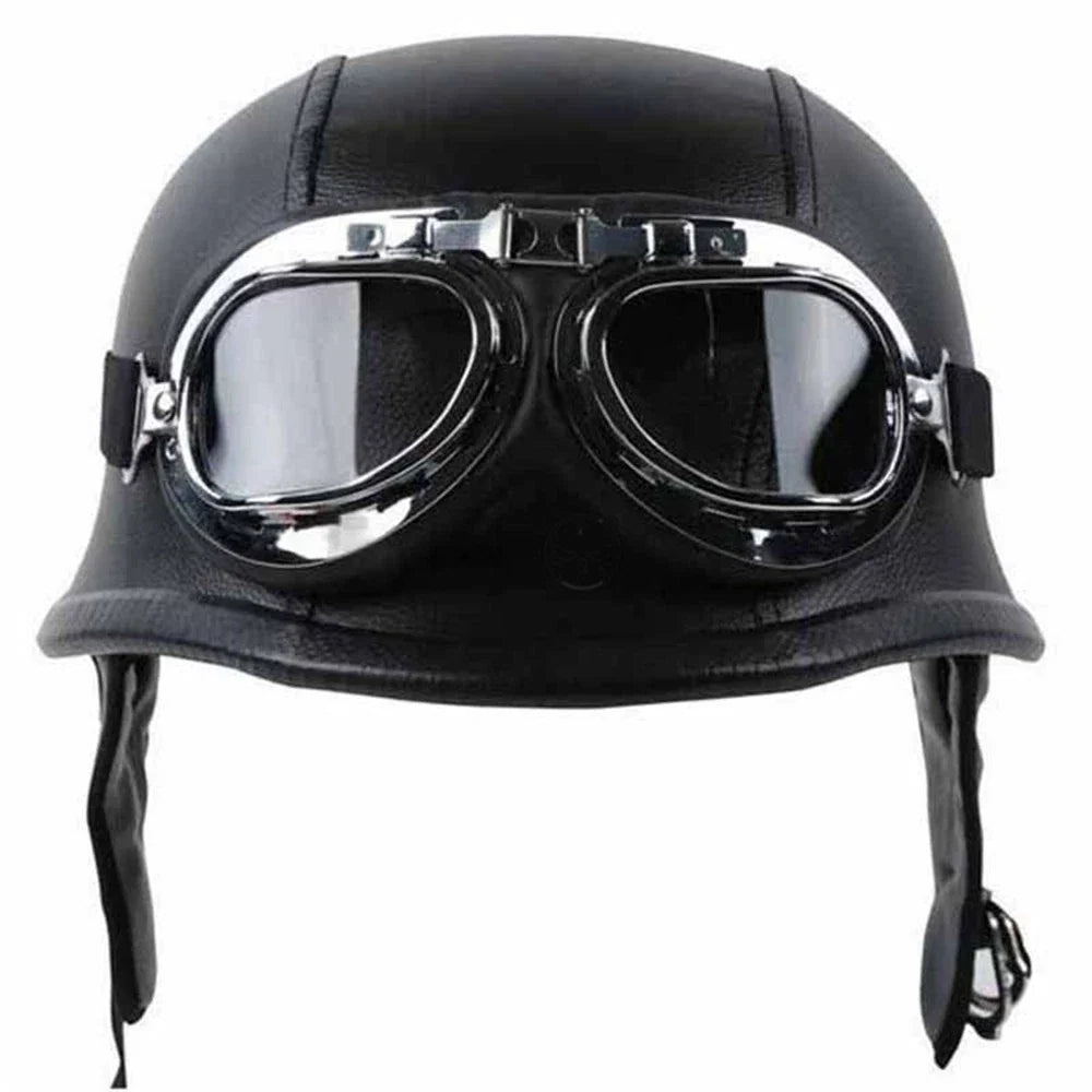 Motorcycle Half Face Helmet - Black Leather, Size L