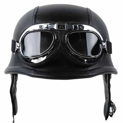 Motorcycle Half Face Helmet - Black Leather, Size L