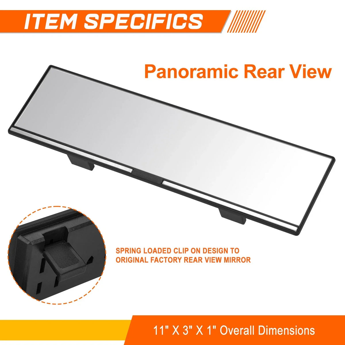 11" Universal Clip On Flat Panoramic Wide Angle Rear View Mirror
