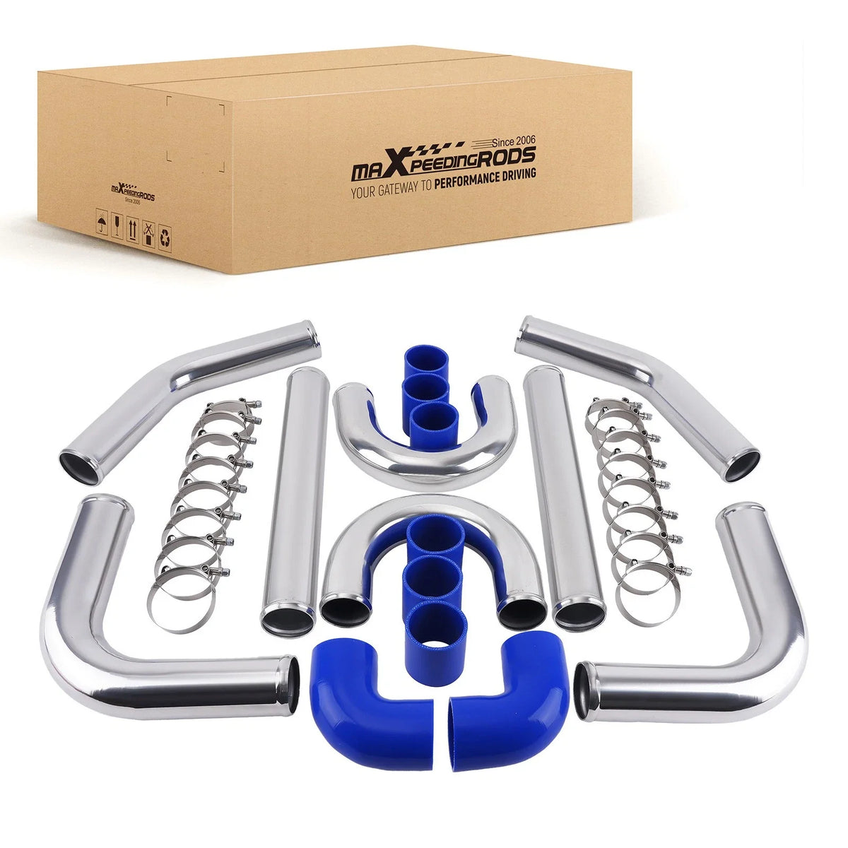 2.5" Polished Aluminum Intercooler Pipe Kit with Hose and Clamp Universal