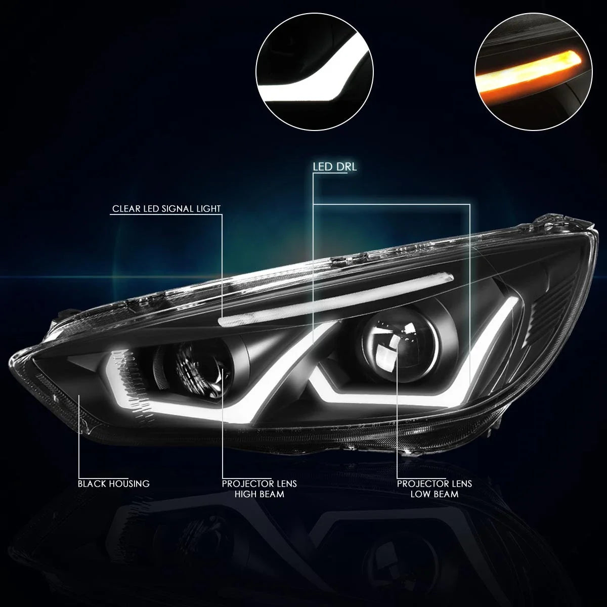 Dual LED DRL Projector Headlight for Ford Focus (2015–2018)