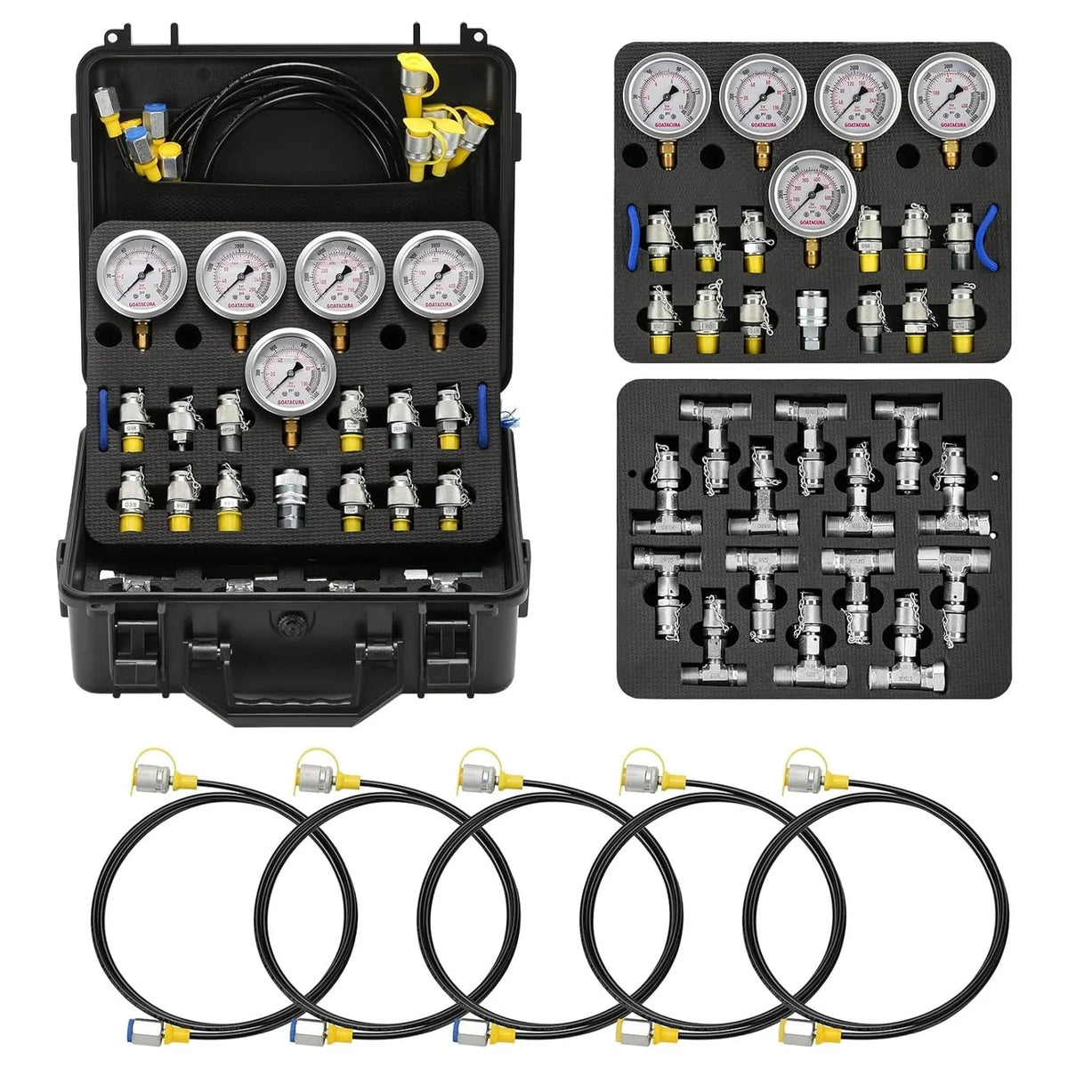 Excavator Hydraulic Pressure Test Kit - 5 Gauges, 14 Tee Connectors Included