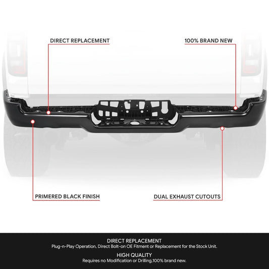 Metal Rear Bumper Face Bar for Ram 1500 (2019–2024) w/ Dual Exhaust, Black