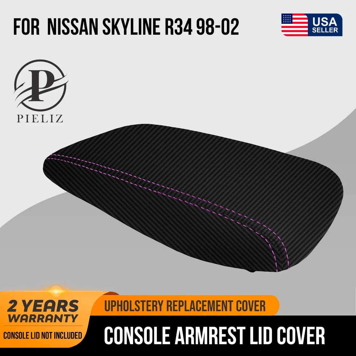 Console Lid Cover for Nissan Skyline R34 (1998–2002) Carbon Fiber Purple Stitch