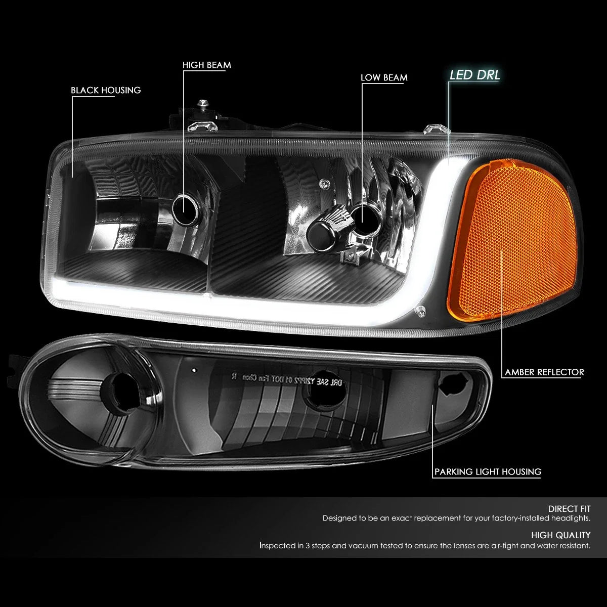 LED Tube Black/Amber Headlights for GMC Sierra (2001–2007)