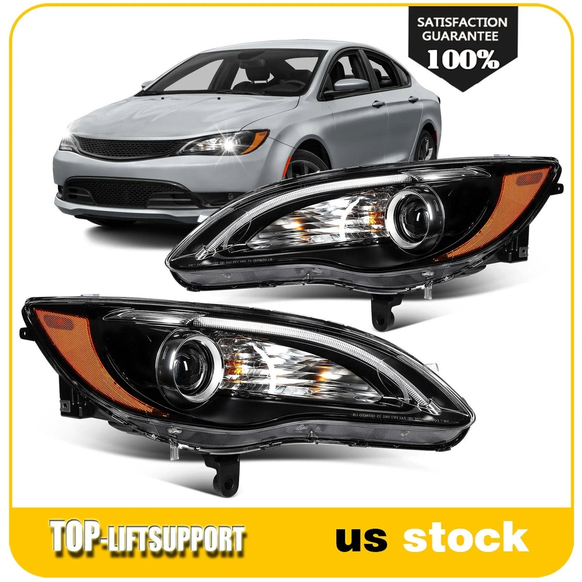 2Pcs Pair Front Headlight for Chrysler 200 (2011–2014) Black Projector
