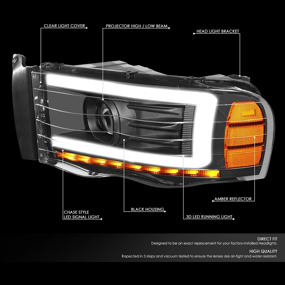 LED DRL Sequential Turn Signal Projector Headlight for Dodge Ram (2002–2005)