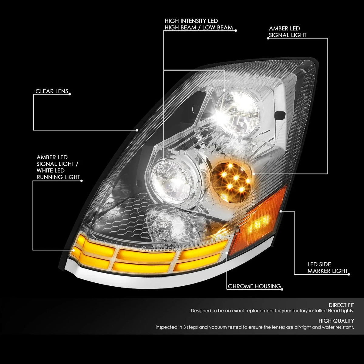 LED DRL Turn Signal Headlight Lamps for Volvo VN VNL VNM (2003–2017) Chrome