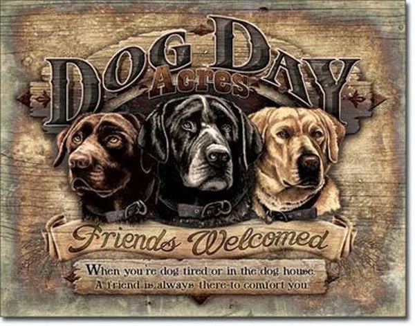 Vintage Replica Tin Metal Sign Welcome Dog Chocolate Lab Puppy 1754