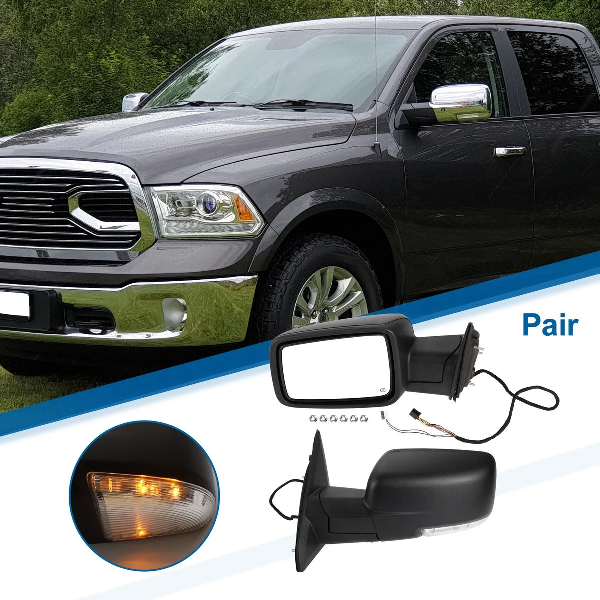 Tow Mirrors for Dodge Ram 1500 (2009–2018) with Turn Signal Lights, Black