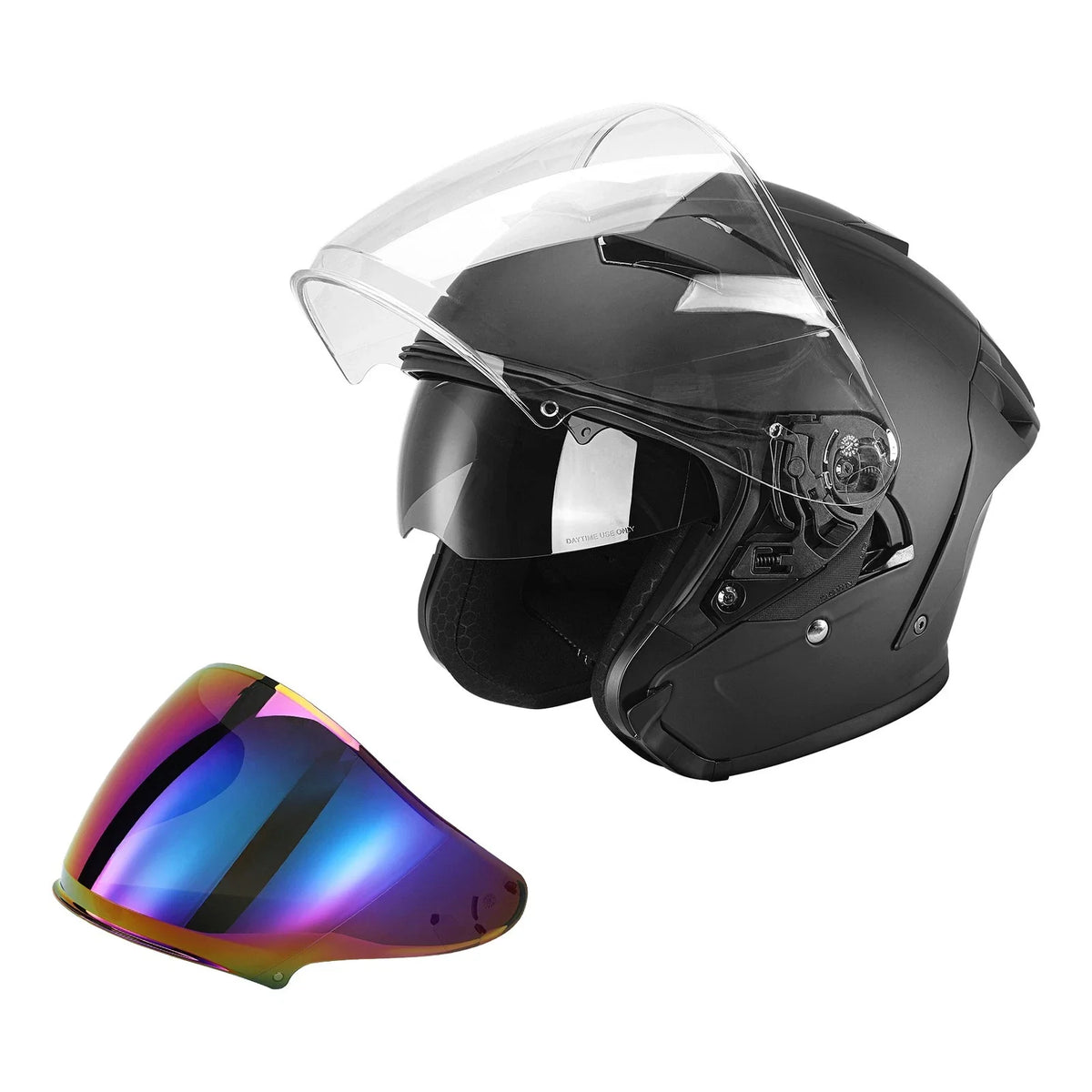 Motorcycle Open Face Helmet - Black, DOT 3/4, Dual Visor (Sizes S/M/L/XL)