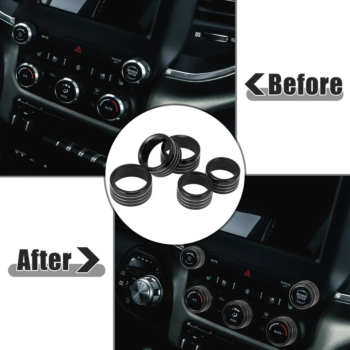 Set of 5 Black AC Radio Switch Knob Covers for Dodge Ram 1500 (2018-2020)