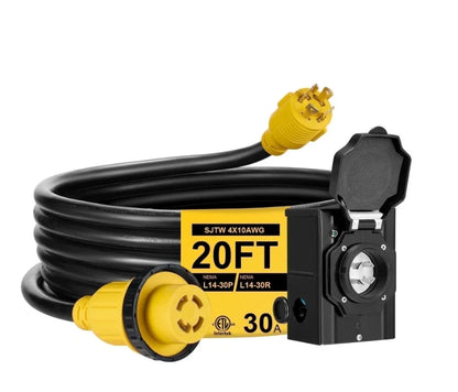 30A Power Cord for RV 20FT 10AWG L14-30P to L14-30R with Inlet Box