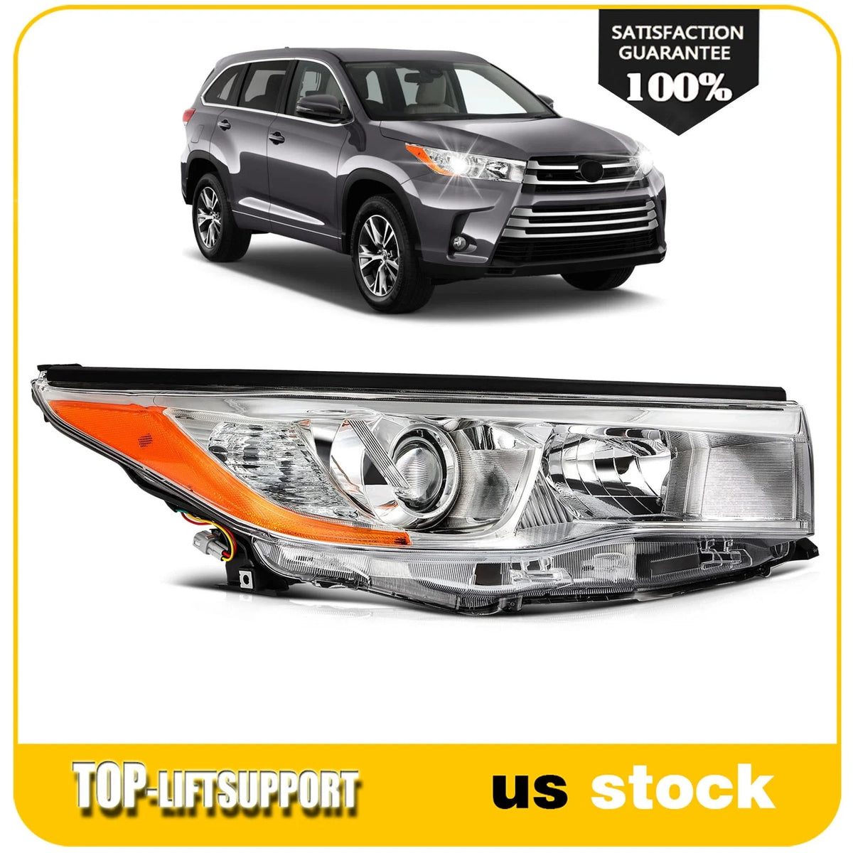 Right Side Headlight Assembly for Toyota Highlander (2014–2016) Chrome Housing
