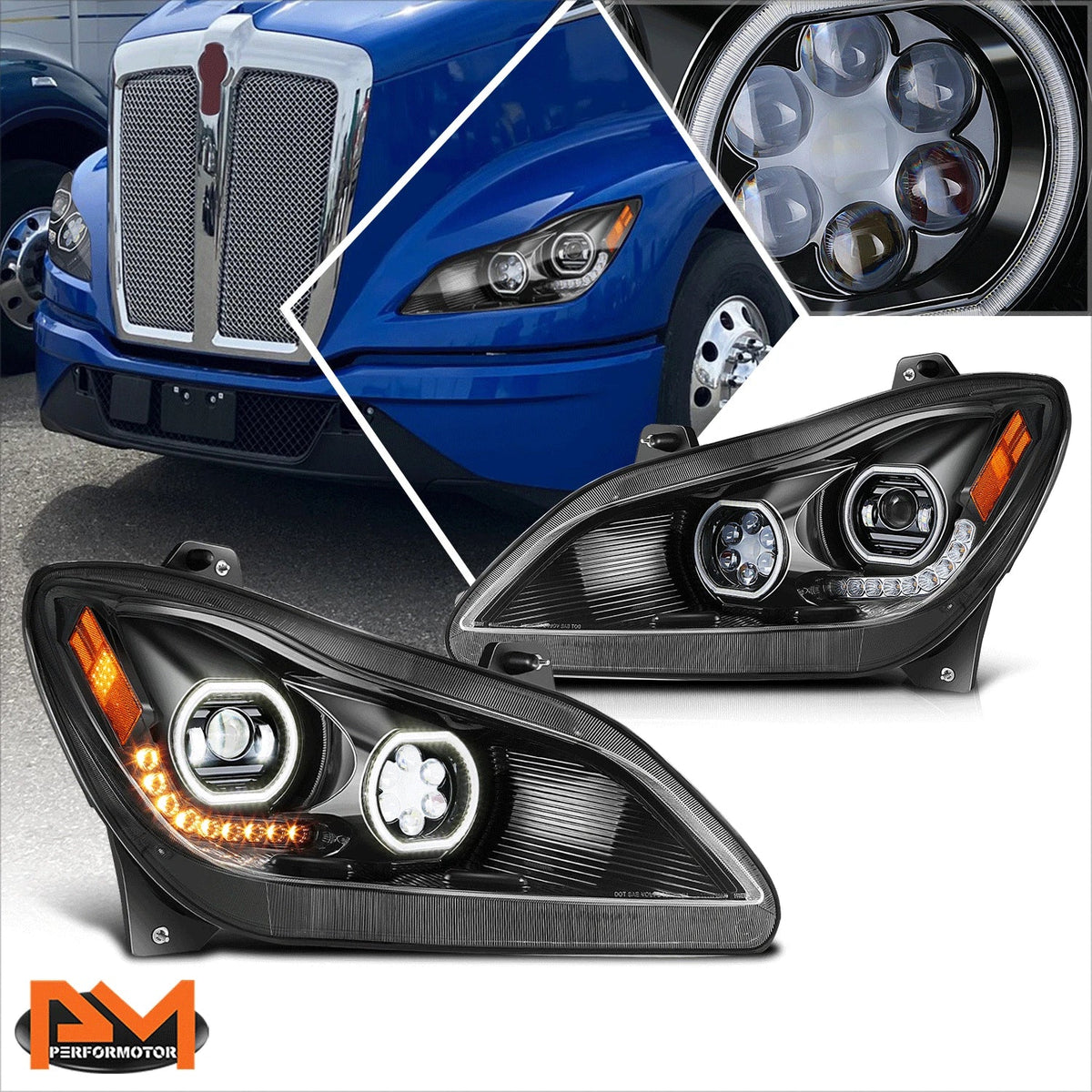 LED DRL Projector Headlights with Halo Ring for Kenworth T680 2022-2025