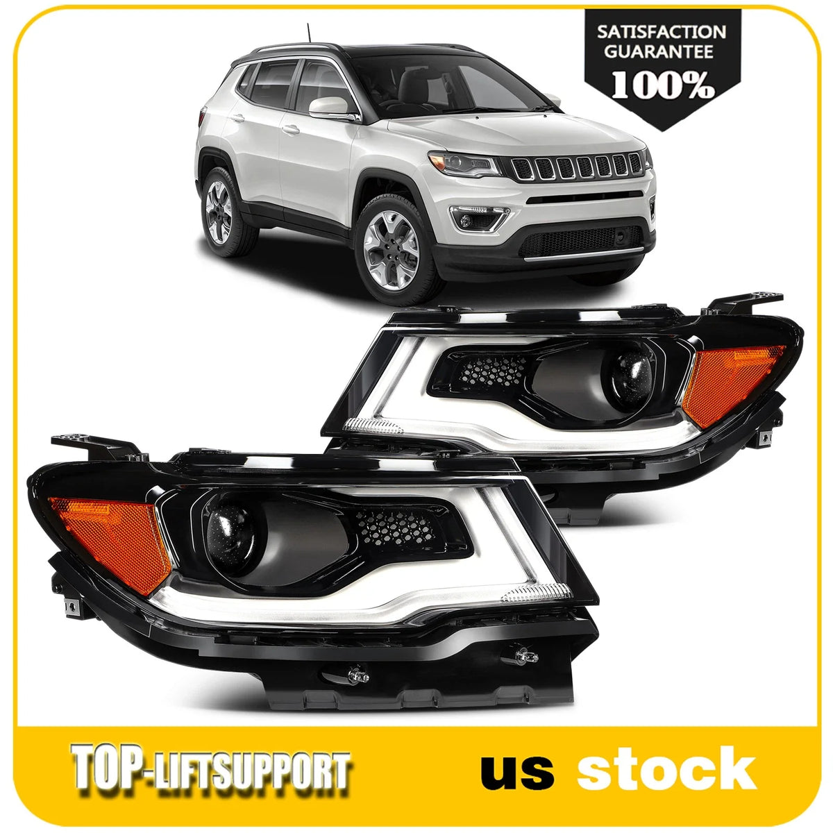 2Pcs Pair HID/Xenon Projector Headlights with LED DRL for Jeep Compass (2017–2021)