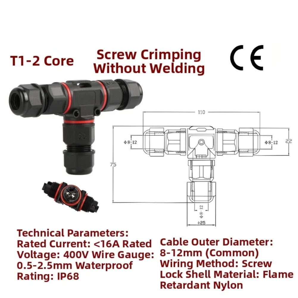 3Pin Waterproof IP68 T-Shape Cable Connector for Outdoor Lighting