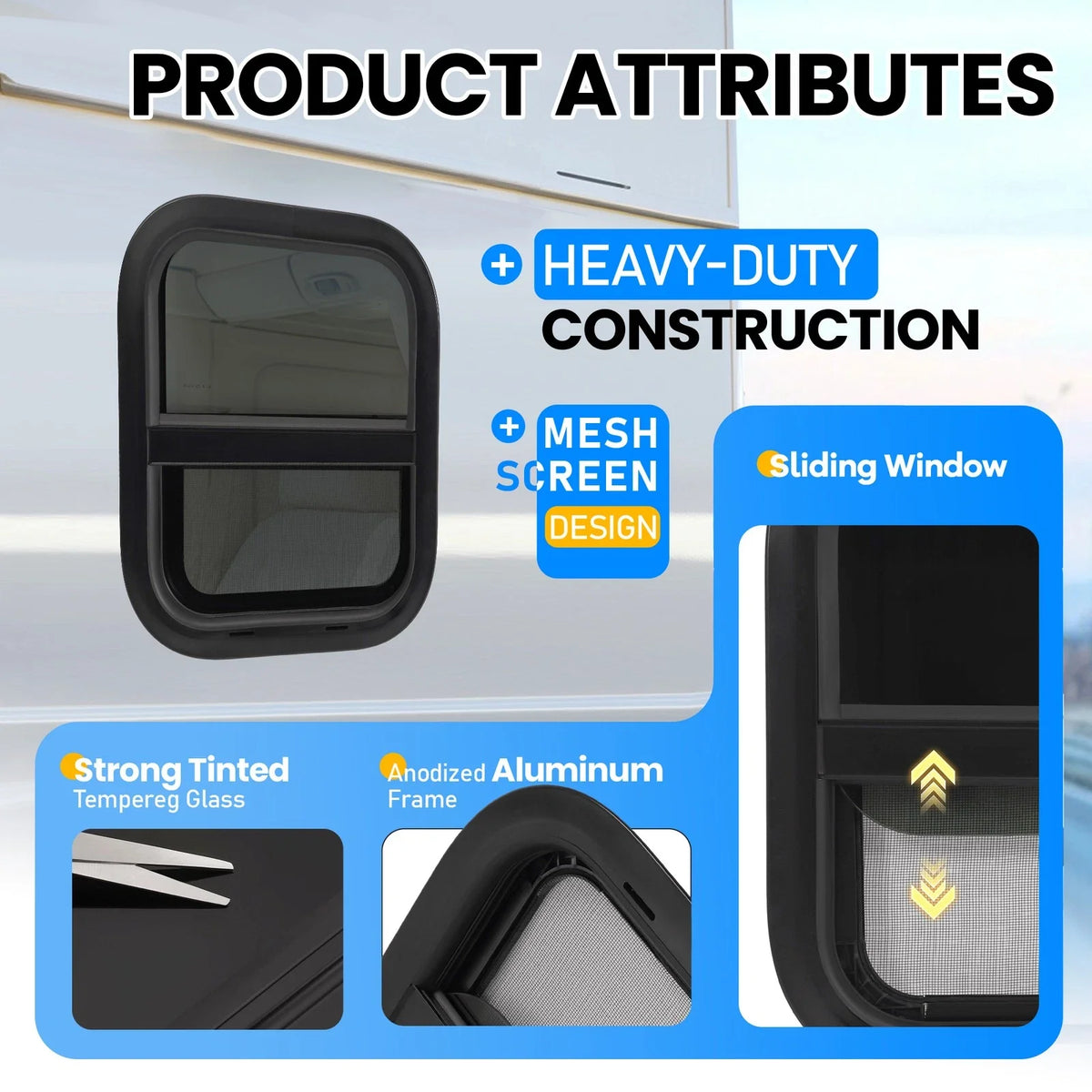 RV Window 14"x16" Vertical Slider Aluminum with Tempered Glass