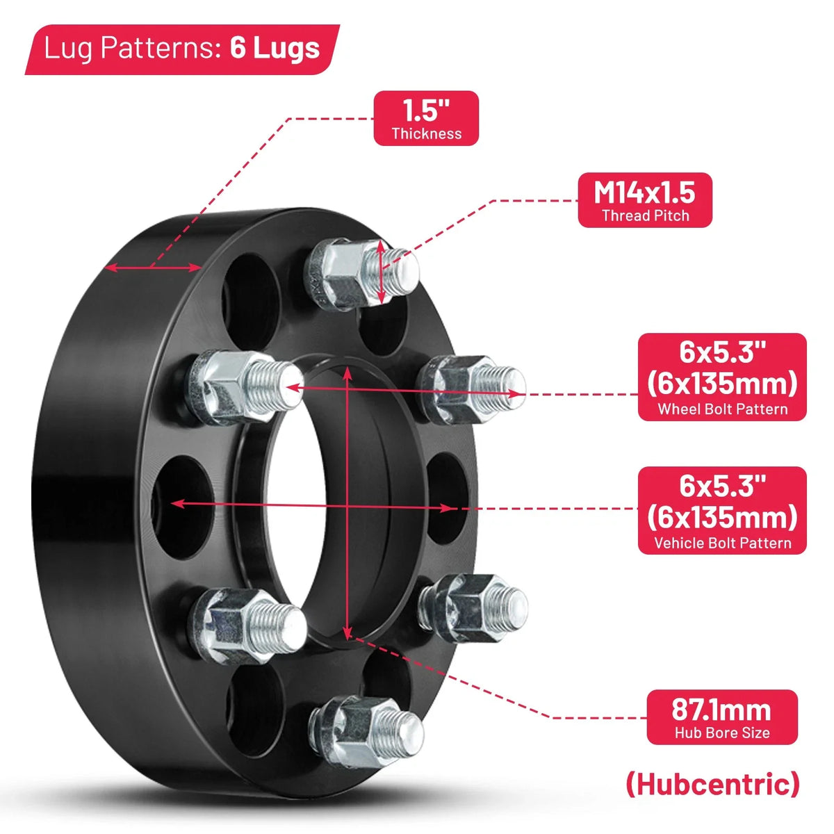 Set of 4 Wheel Spacers 1.5" 6x135 14x1.5 Hubcentric for Ford Expedition (2015–2023)