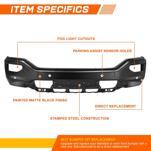 Front Bumper Face Bar for Sierra 1500 (2016–2019) Black w/ Fog Light & Sensor Holes