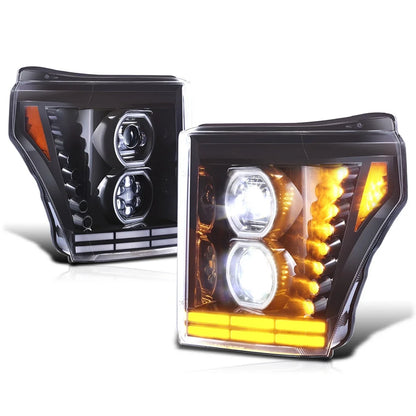 LED Halo Ring DRL Sequential Signal Projector Headlights for Ford F250 SD (2011–2016)