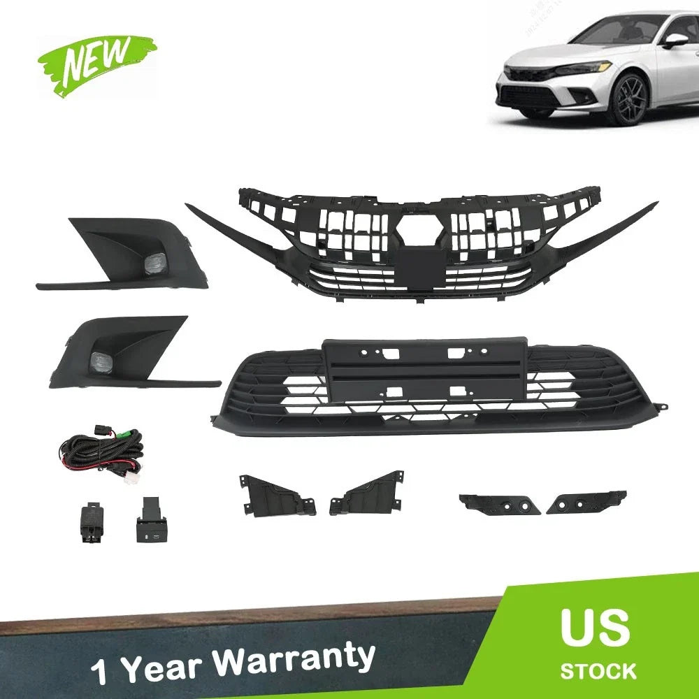 Fog Light Upper Lower Grill Set with Molding for Honda Civic 2022-2023