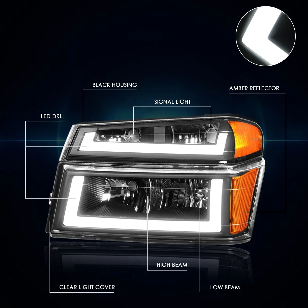 Bumper LED DRL Headlight Black Housing for Chevy Colorado 2004-2012