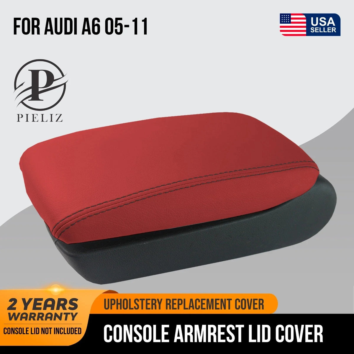 Leather Console Lid Armrest Cover for Audi A6 (2005–2011) Red Black Stitch