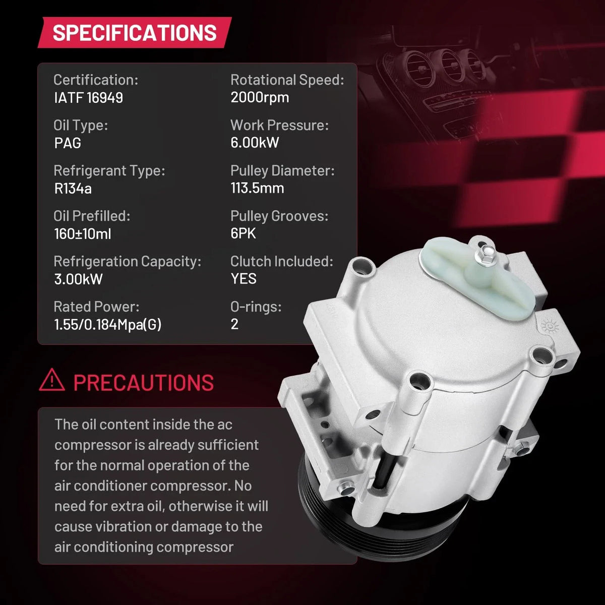 3.0L A/C Compressor for Ford Taurus 2001-2007, Mercury Sable 2001-2005