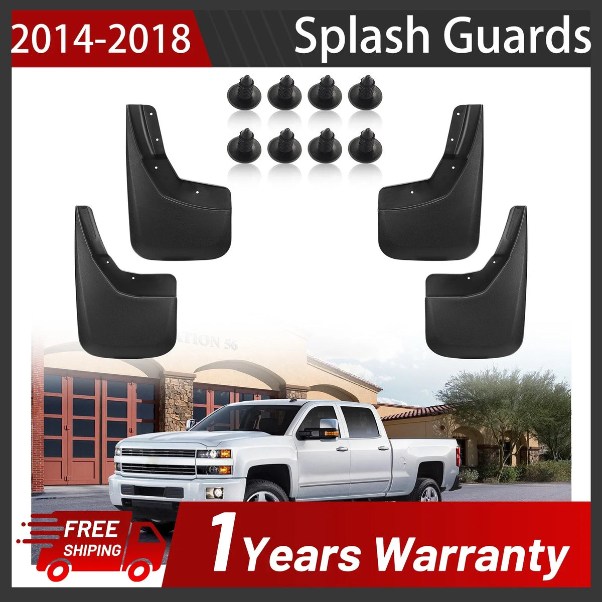 Front and Rear Mud Guards for 2014–2019 Chevy Silverado 1500/2500/3500