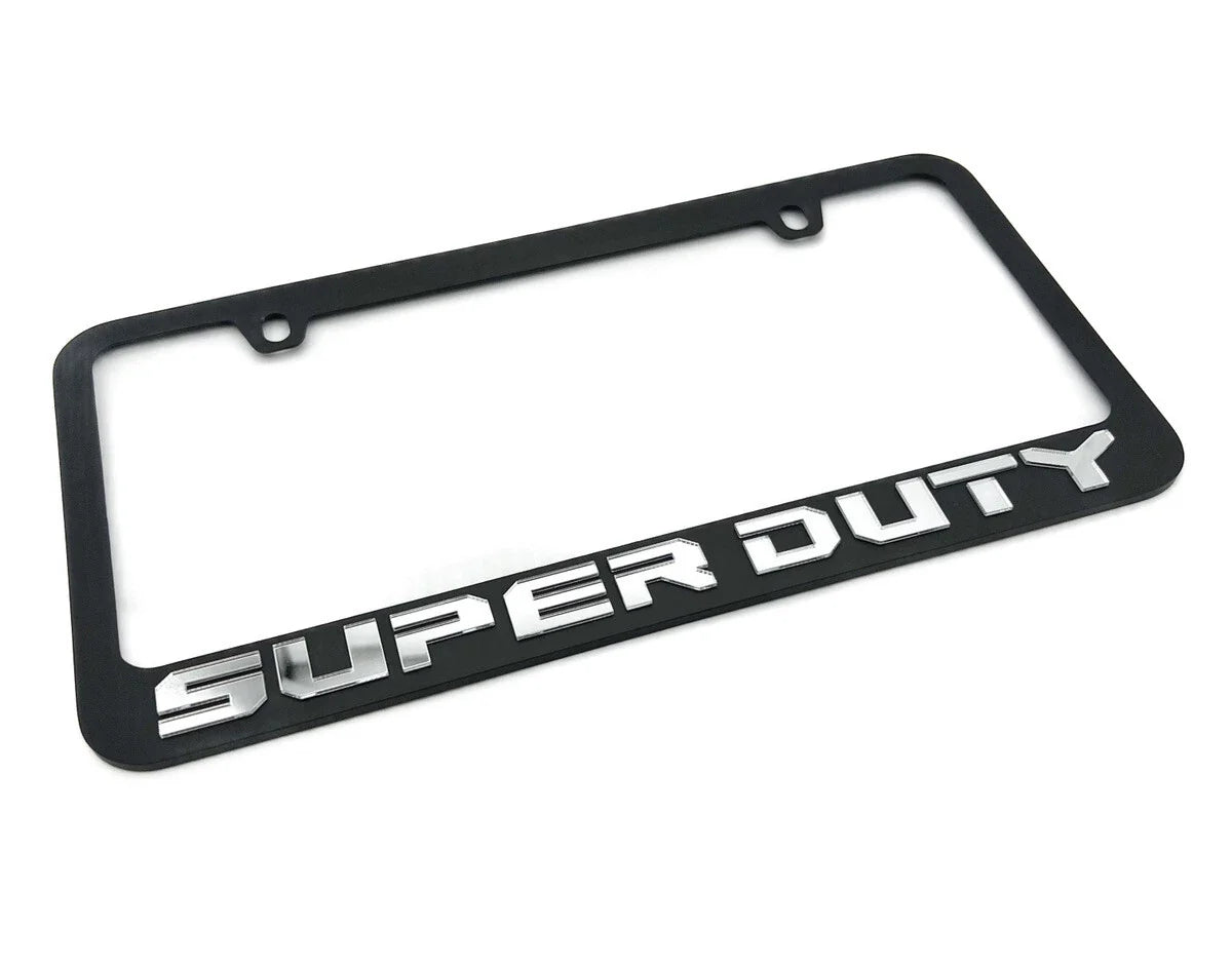 Matte Black License Plate Frame w Large Chrome 3D Ford Super Duty Logo (OEM)