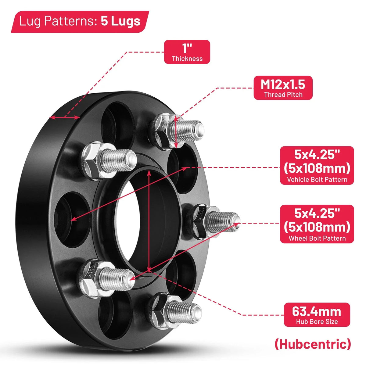2X 1" Hubcentric Wheel Spacers 5x108 M12x1.5 63.4mm for Ford Bronco Jaguar