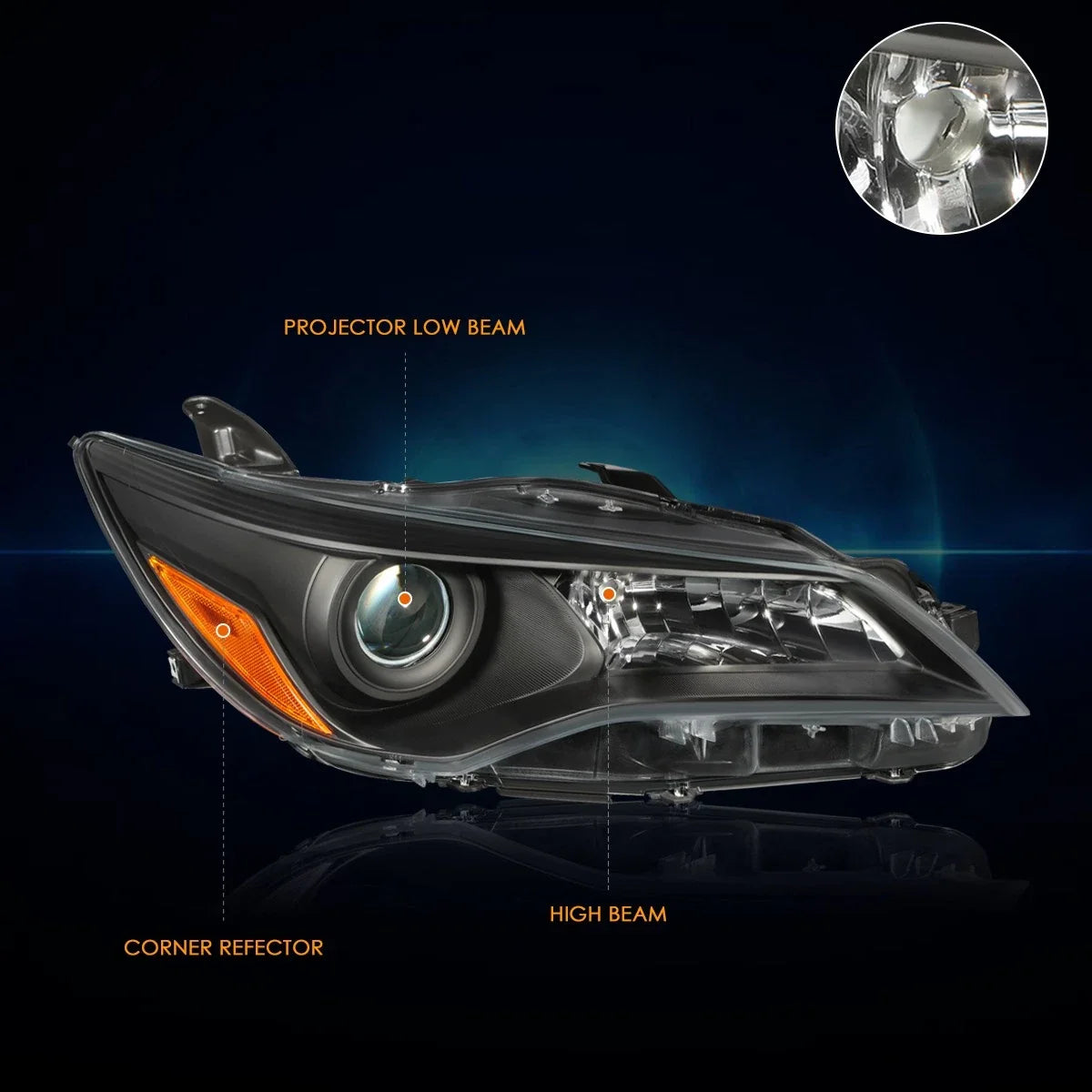Projector Headlight Set for Camry (2015-2017) - Black Housing, Amber Signal