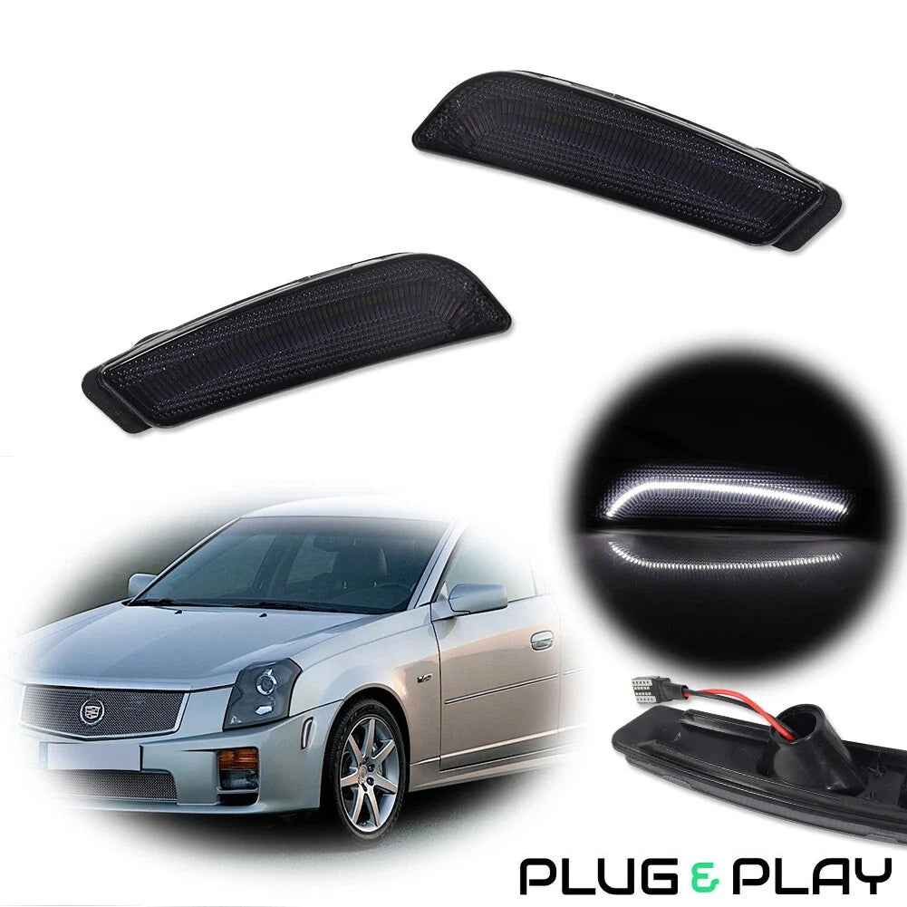 2X Smoke Lens White LED Front Sidemarker Lights for Cadillac CTS (2003–2007)