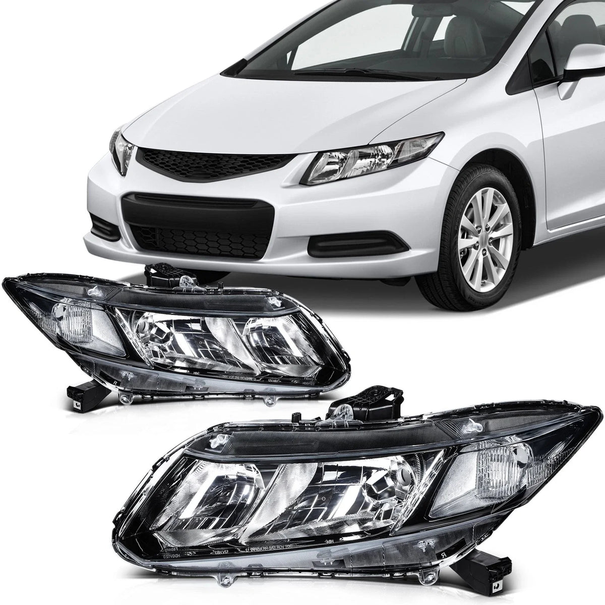 Pair of Black Headlight Assemblies for 2012-2015 Honda Civic