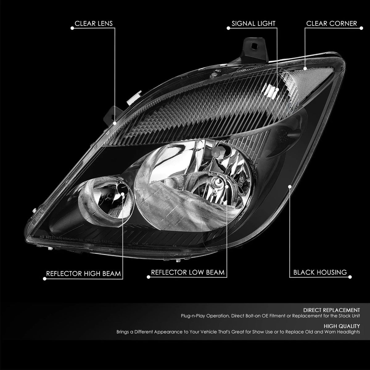 Headlight for Dodge Mercedes Benz Freightliner Sprinter (2007–2013) OE Style Black