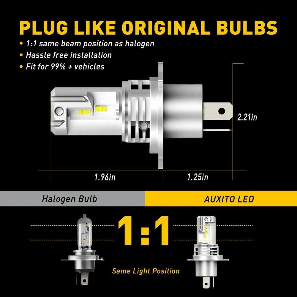 High Low Beam H4 9003 LED Headlight Bulbs Set of 2 (24000LM, 6500K)