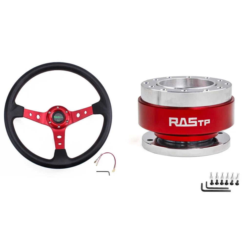 345mm Deep Dished Red Racing Steering Wheel with Quick Release Adapter Kit