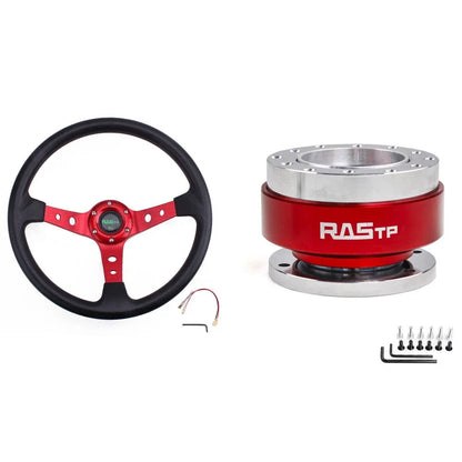 345mm Deep Dished Red Racing Steering Wheel with Quick Release Adapter Kit