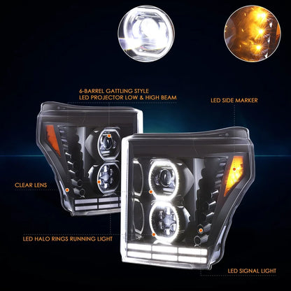 Halo Ring DRL LED Projector Headlights for 2011-2016 Ford F250 SD