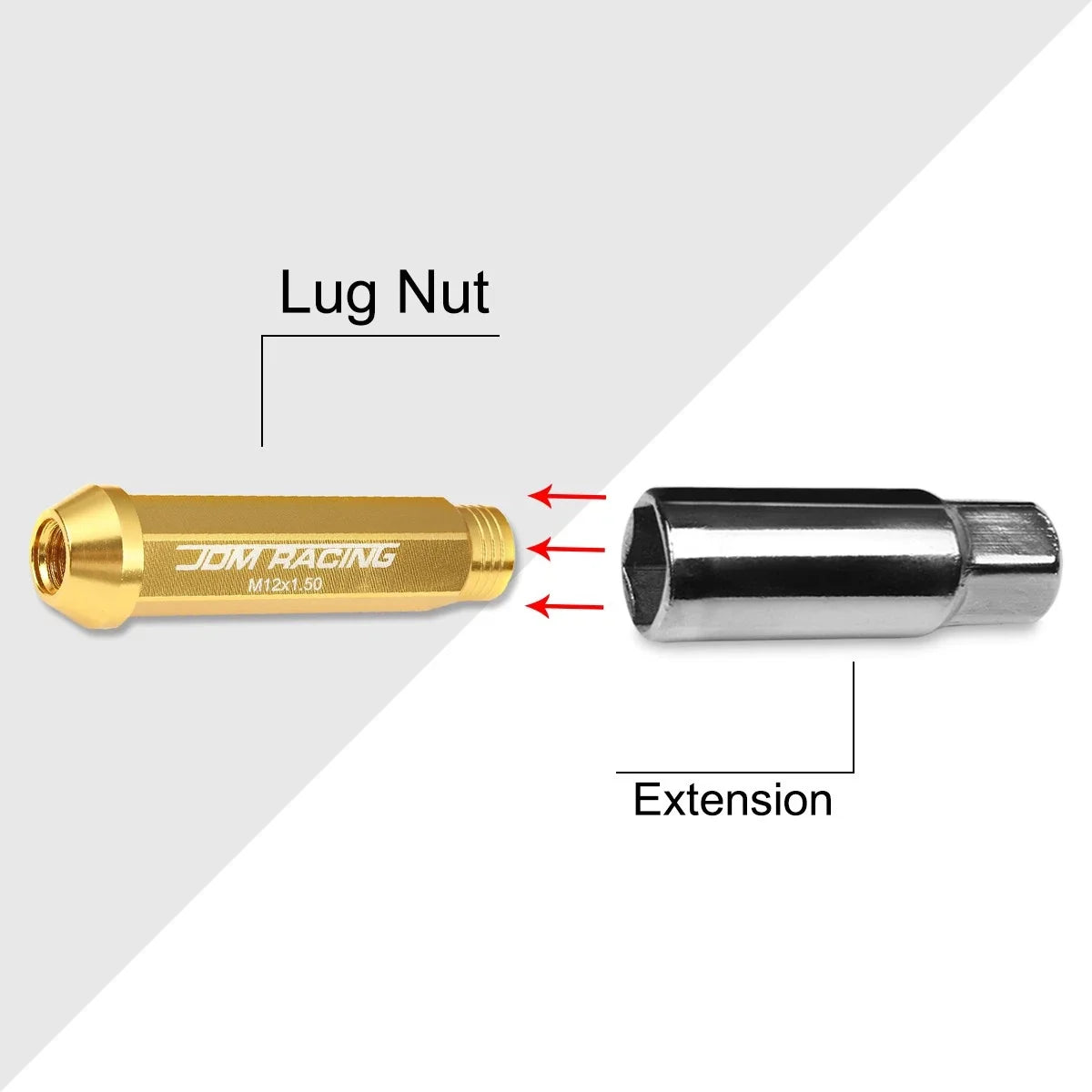 20Pc M12X1.5 Gold JDM Open End Conical Wheel Lug Nuts + Extension 25mmx90mm