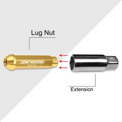 20Pc M12X1.5 Gold JDM Open End Conical Wheel Lug Nuts + Extension 25mmx90mm