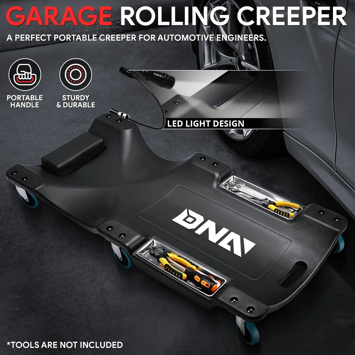 40" Black Low-Profile Automotive Creeper with LED Light and 6 Rollers