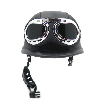 Motorcycle Half Face Helmet - Black Leather, XL, DOT Approved