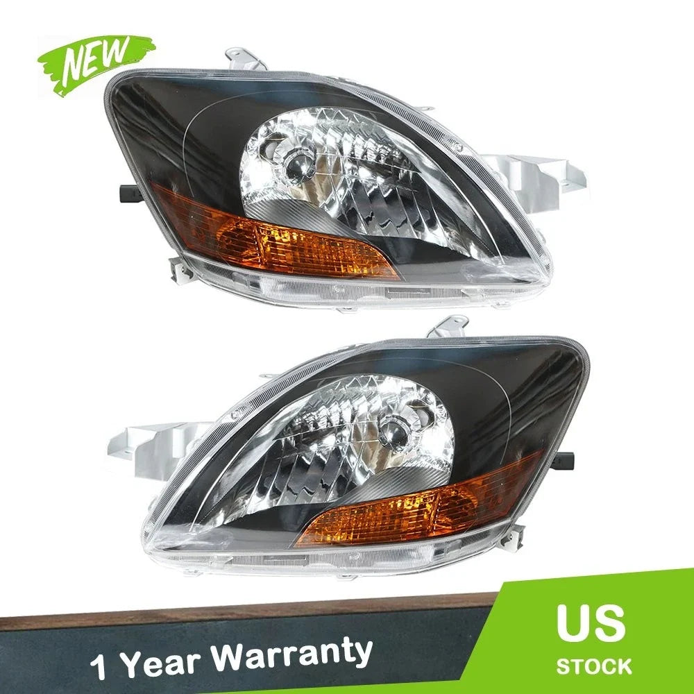 Replacement Headlight Set LH+RH Black Halogen Clear for Yaris 2007-2012