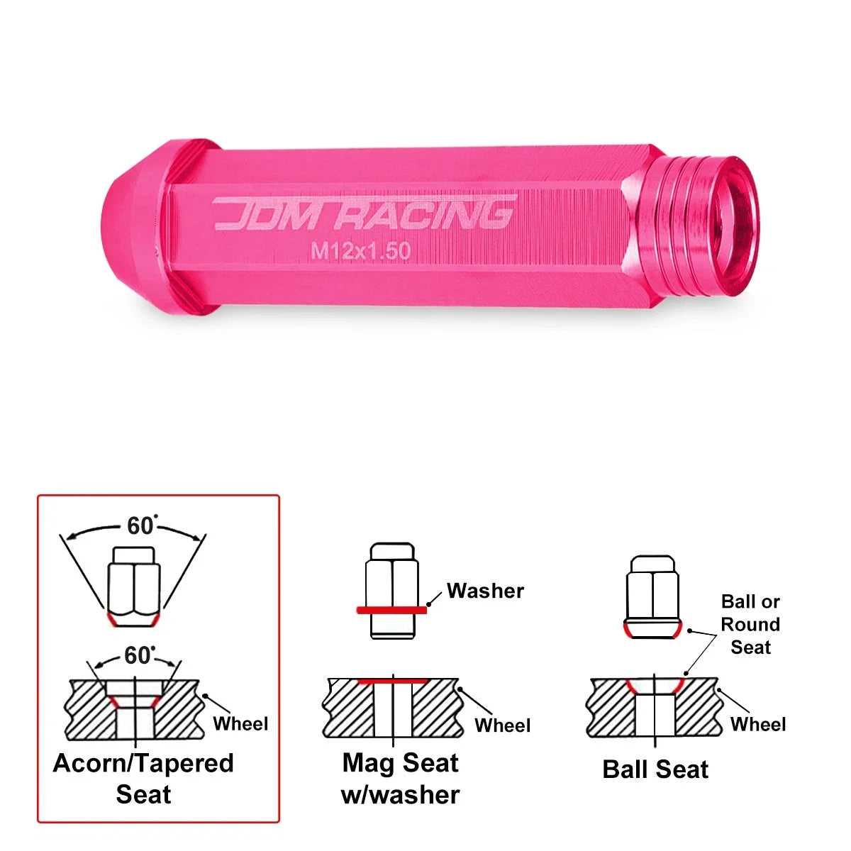 Pink Aluminum Open-End Lug Nuts Set of 20 M12X1.5 90mm Tall